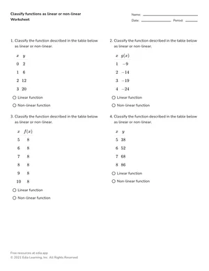 Classify functions as linear or non-linear worksheet preview
