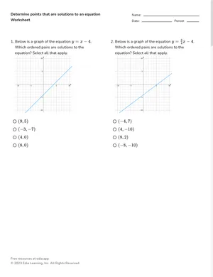 Determine points that are solutions to an equation worksheet preview