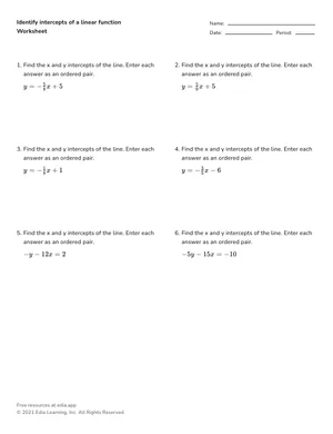 Identify intercepts of a linear function worksheet preview