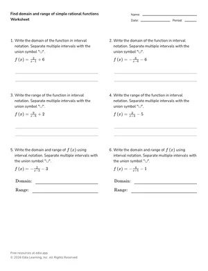 Find domain and range of simple rational functions worksheet preview