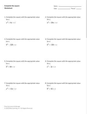 Complete the square worksheet preview