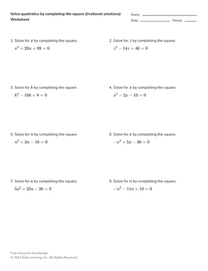 Solve quadratics by completing the square (irrational solutions) worksheet preview