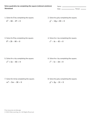 Solve quadratics by completing the square (rational solutions) worksheet preview
