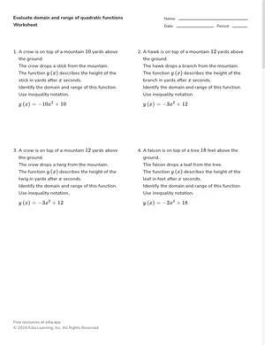 Evaluate domain and range of quadratic functions worksheet preview