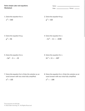 Solve simple cube root equations worksheet preview
