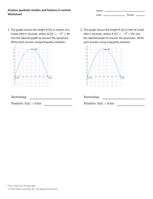 Interpret intervals of a real-world quadratic graph worksheet preview