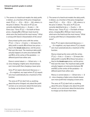 Interpret zeros of a real-world quadratic function worksheet preview