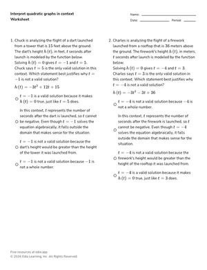 Justify constraints on solutions to a quadratic model worksheet preview