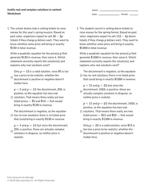Justify real or complex solutions in context worksheet preview