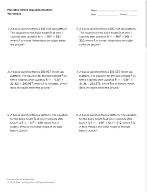 Projectile motion (equation notation) worksheet preview
