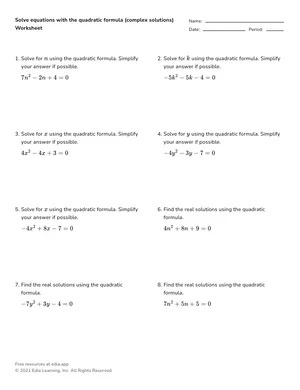 Solve equations with the quadratic formula (complex solutions) worksheet preview