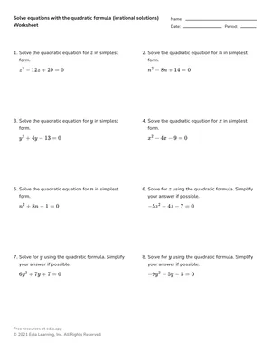 Solve equations with the quadratic formula (irrational solutions) worksheet preview