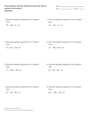 Solve equations with the quadratic formula with rational solutions (no fractions) worksheet preview