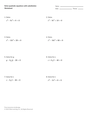 Solve quadratic equations with substitution worksheet preview