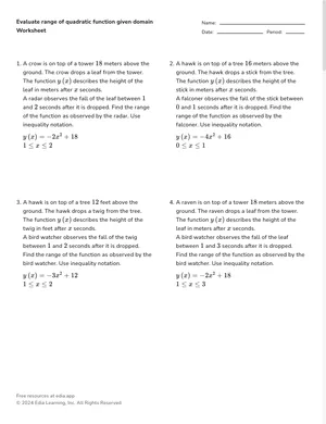 Evaluate range of quadratic function given domain worksheet preview