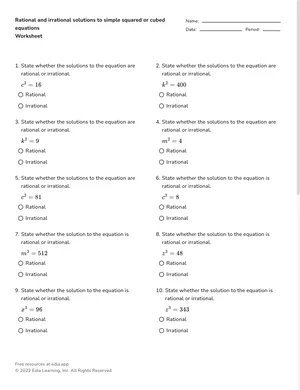 Rational and irrational solutions to simple squared or cubed equations worksheet preview