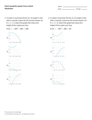 Select the graph of a quadratic function from a real-world context worksheet preview