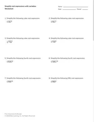 Simplify root expressions with variables worksheet preview