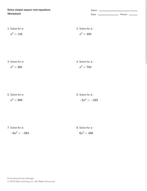 Solve simple square root equations worksheet preview