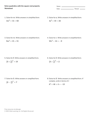 Solve quadratics with the square root property worksheet preview