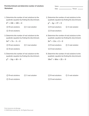 Find discriminant and determine number of solutions worksheet preview