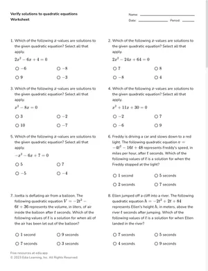 Verify solutions to quadratic equations worksheet preview