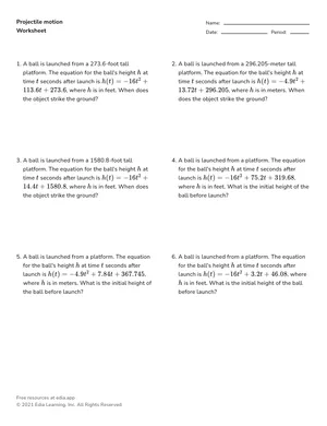 Projectile motion (function notation) worksheet preview