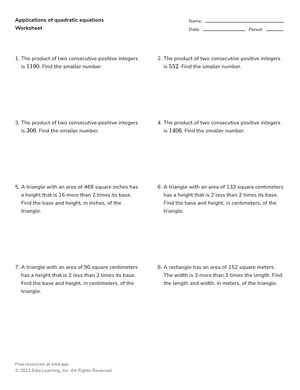 Applications of quadratic equations worksheet preview