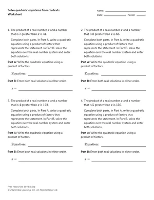 Write and solve quadratic equations from contexts worksheet preview
