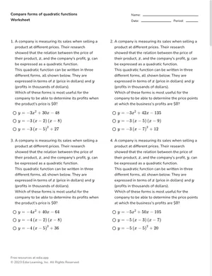 Compare forms of quadratic functions worksheet preview