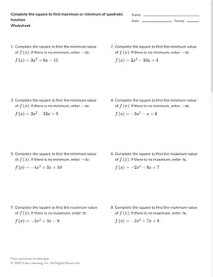Complete the square to find maximum or minimum of quadratic function worksheet preview