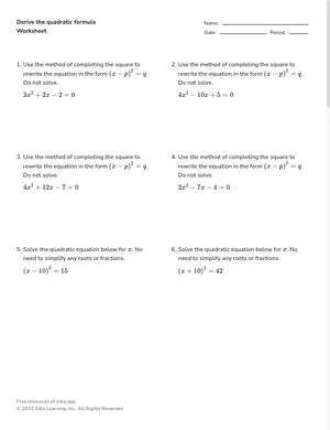 Derive the quadratic formula worksheet preview