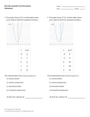 Describe transformations of quadratic functions from graphs and tables worksheet preview
