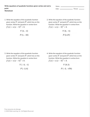 Write equations of quadratic functions given vertex and and a point worksheet preview