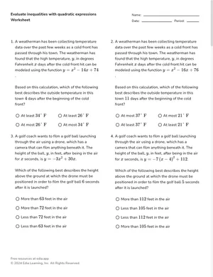 Evaluate inequalities with quadratic expressions worksheet preview
