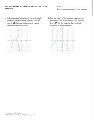 Identify properties of a quadratic function from a graph worksheet preview
