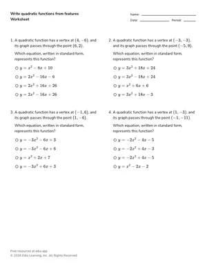 Identify a quadratic function from key features worksheet preview