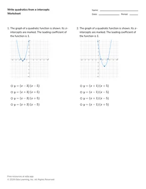 Identify a quadratic function from x-intercepts (a = 1) worksheet preview