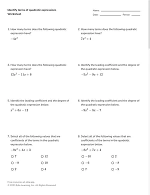 Identify terms of quadratic expressions worksheet preview