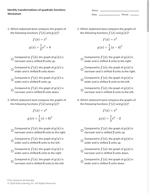 Identify transformations of quadratic functions worksheet preview