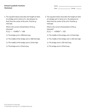 Interpret quadratic functions worksheet preview