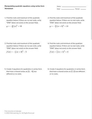 Manipulating quadratic equations using vertex form worksheet preview