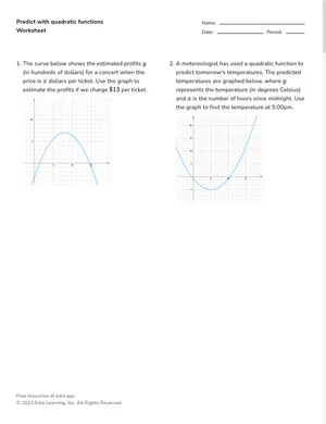 Predict with quadratic functions worksheet preview