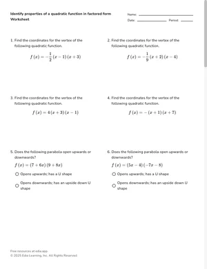 Identify properties of a quadratic function in factored form worksheet preview