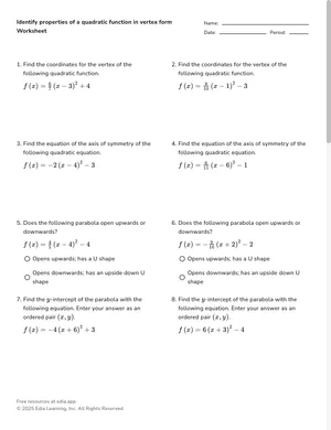 Identify properties of a quadratic function in vertex form worksheet preview
