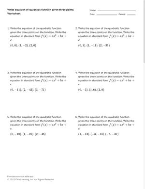 Write equation of quadratic function given three points worksheet preview