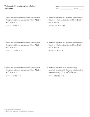 Write quadratic functions given solutions worksheet preview
