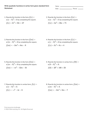 Write quadratic functions in vertex form given standard form worksheet preview