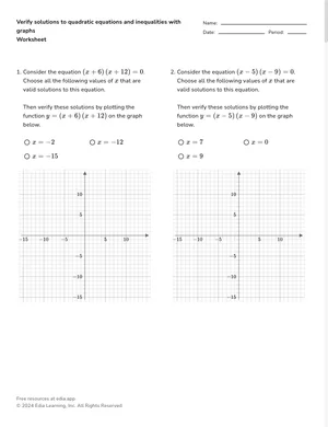 Verify solutions to quadratic equations and inequalities with graphs worksheet preview
