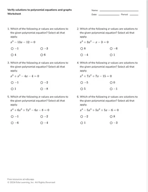 Verify solutions to polynomial equations and graphs worksheet preview